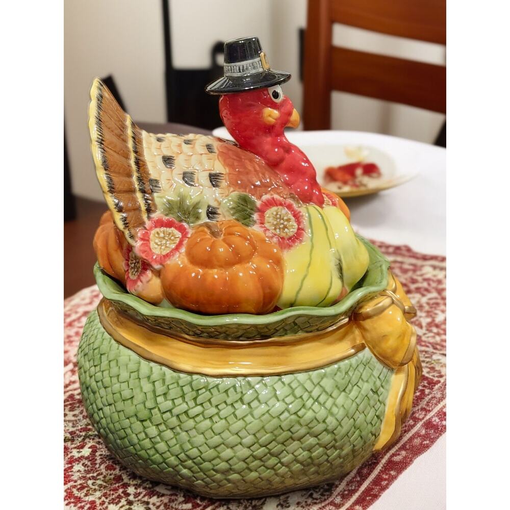 Fitz and Floyd Seasonal Cookie Jar Turkey in Pot of Gourds & Flowers LARGE EUC - Picture 5 of 10
